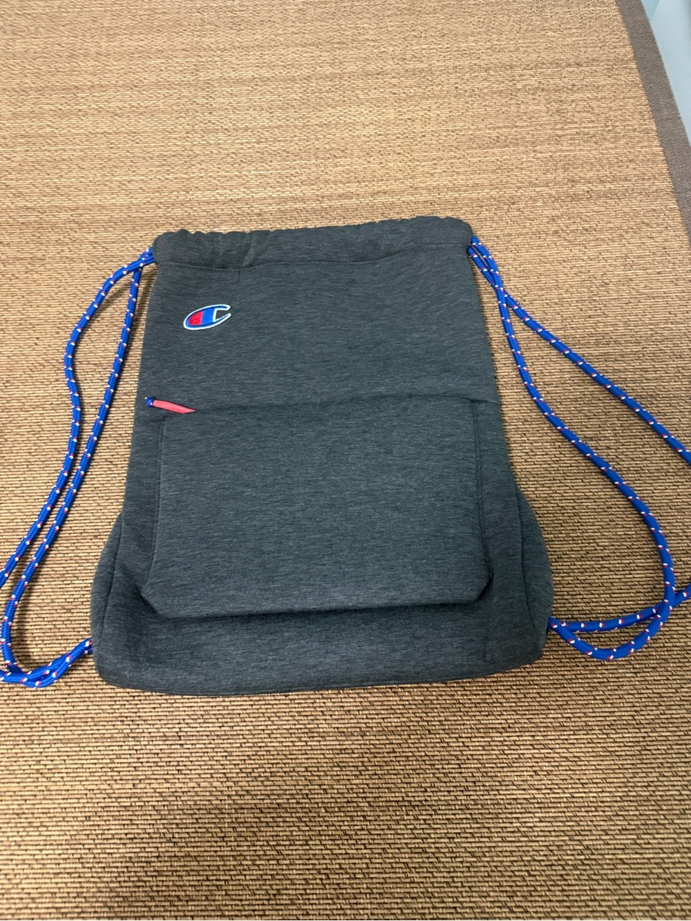 Champion Dark Gray Drawstring Tote with Blue Rope and Red Trim